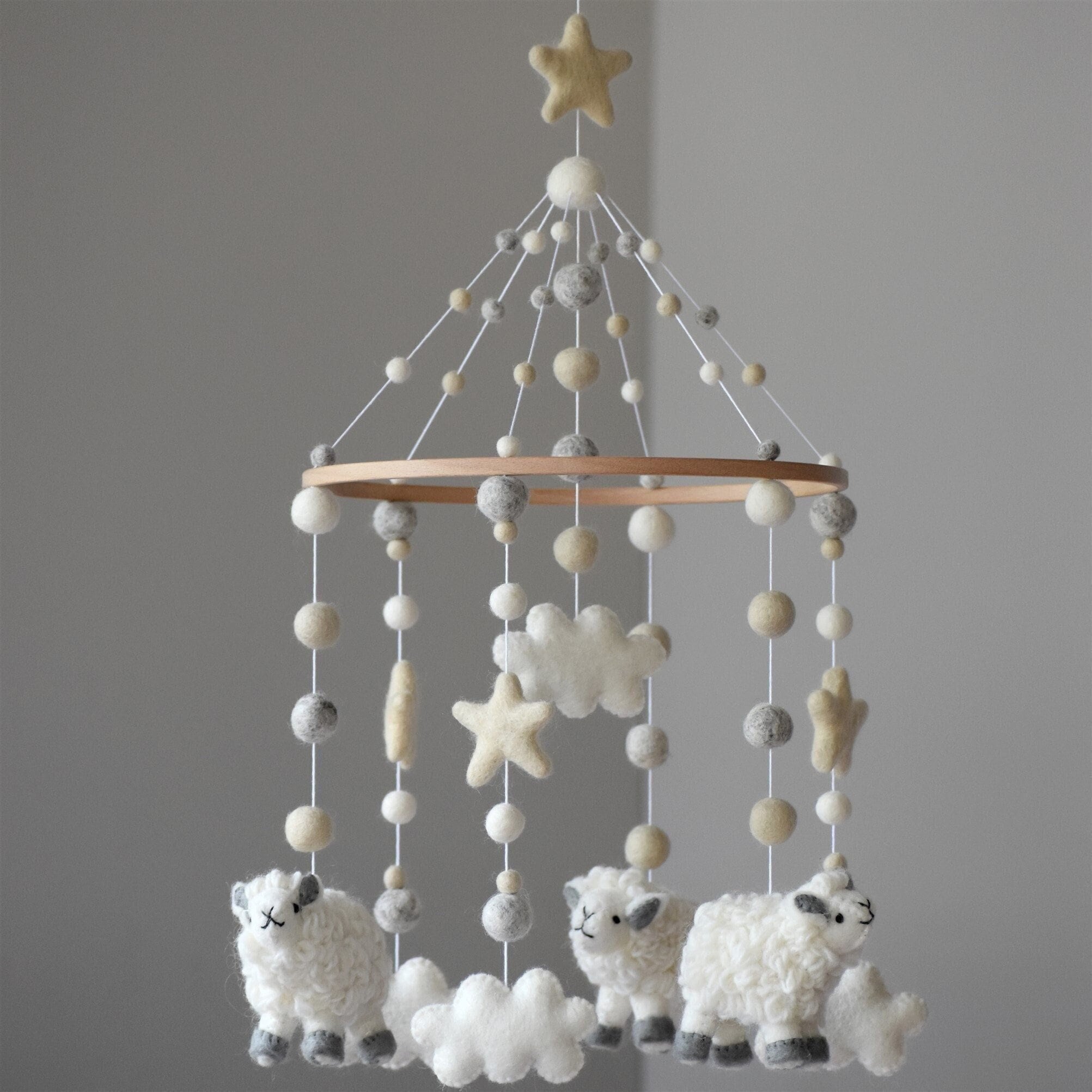 Sheep Baby Mobile, Wool Nursery Crib Cloud & Star Detail
