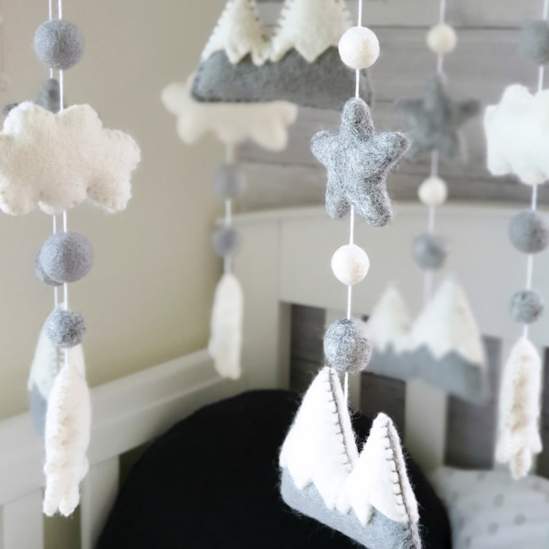 Grey and White Baby Mobile Mountains Neutral Woodland Nursery Etsy