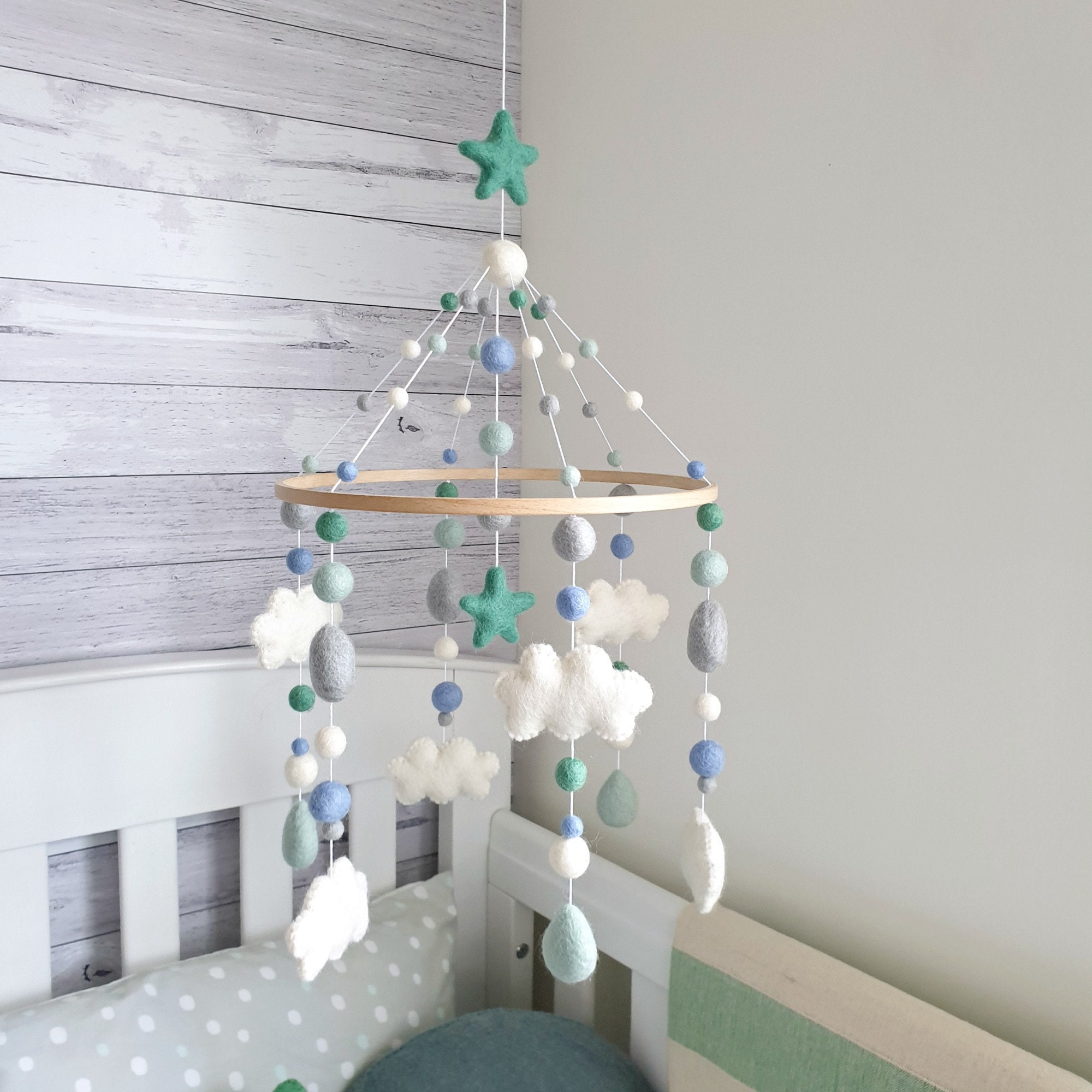 Cloud Baby Mobile, Nursery Mobile Cloud, Crib Felt Hanging & Raindrops Grey Blue
