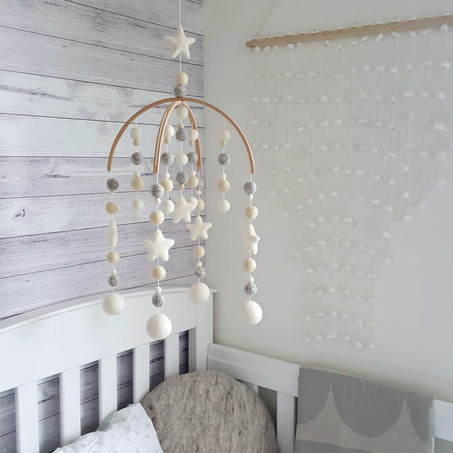 Natural & Neutral Baby Mobile, Nursery Cot Feutre Ball Crib Custom Made Pom Shower
