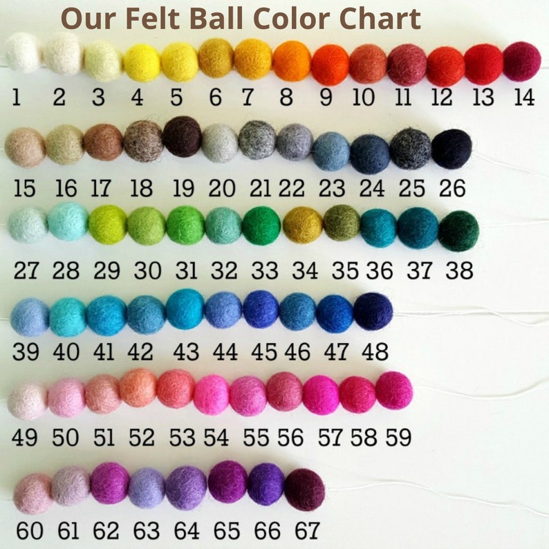 May include: A color chart of 67 felt balls, numbered 1 to 67. The balls are arranged in rows of 14, with the last row having only 7 balls. The balls are in a variety of colors, including white, beige, brown, gray, green, blue, pink, purple, and red.