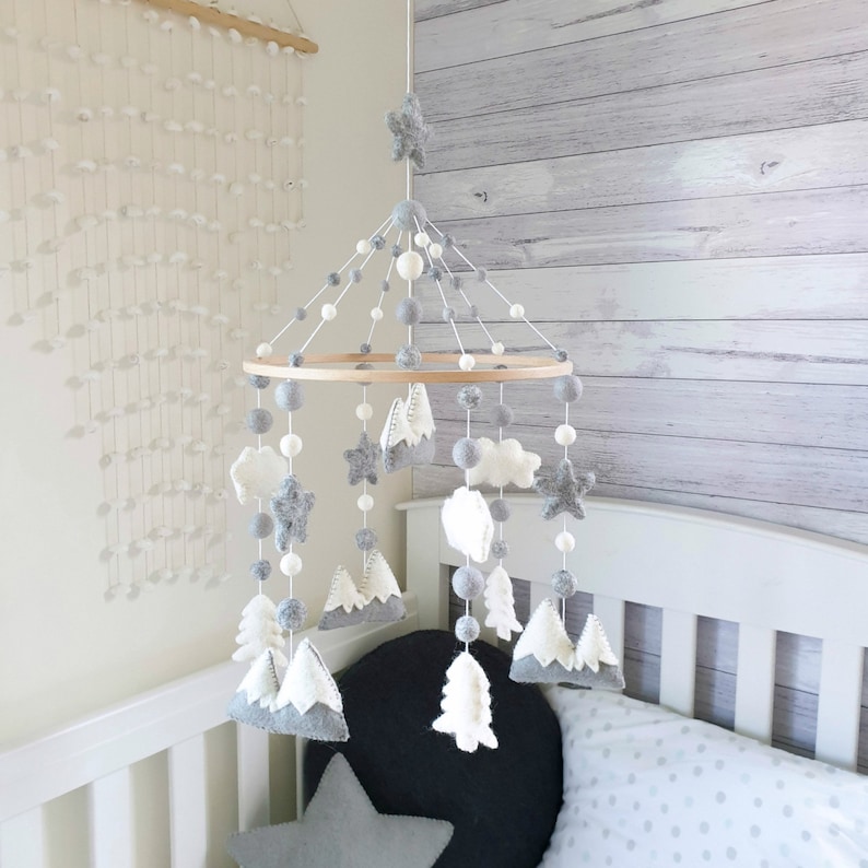 Grey and White Baby Mobile Mountains Neutral Woodland Nursery Etsy