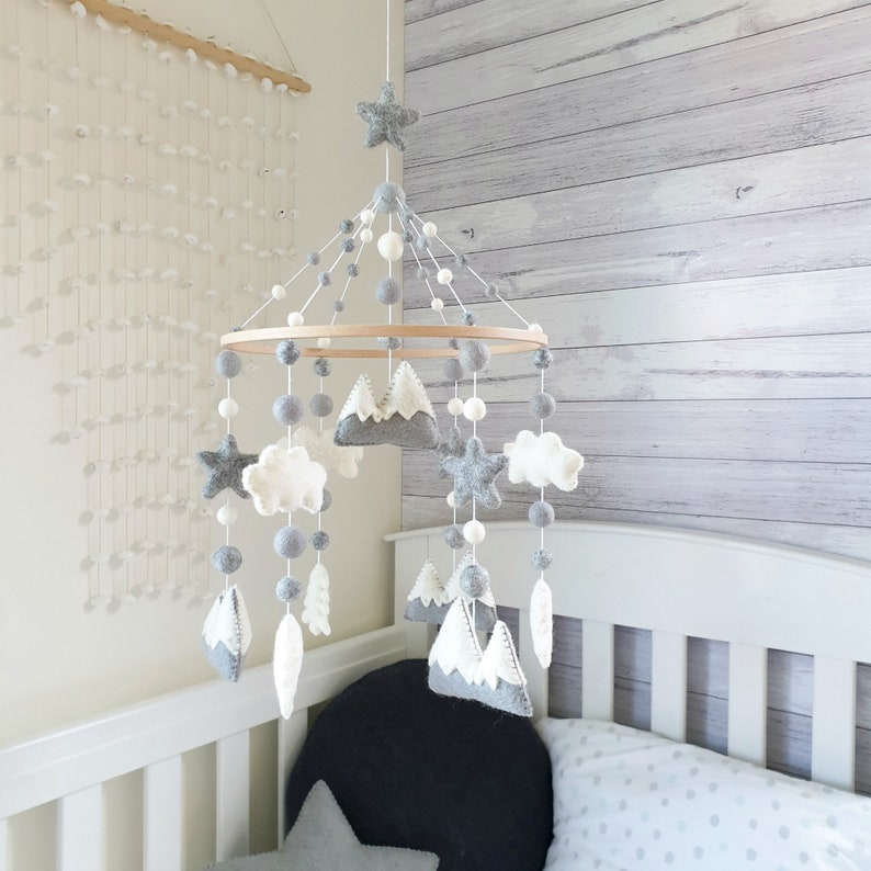Grey and White Baby Mobile Mountains Neutral Woodland Nursery Etsy