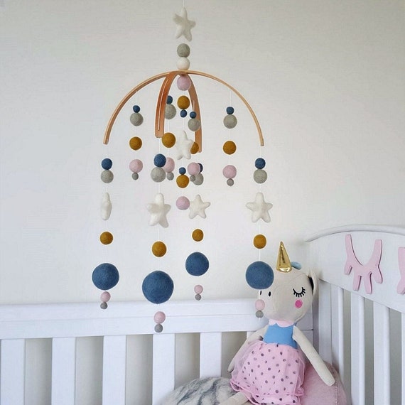 Baby Mobile Nursery, Crib Mobile, Felt Stars Nursery Mobile, Blush Mustard Baby Mobile, Felt Ball Cot Mobile, First Baby Gift, Mobile Baby