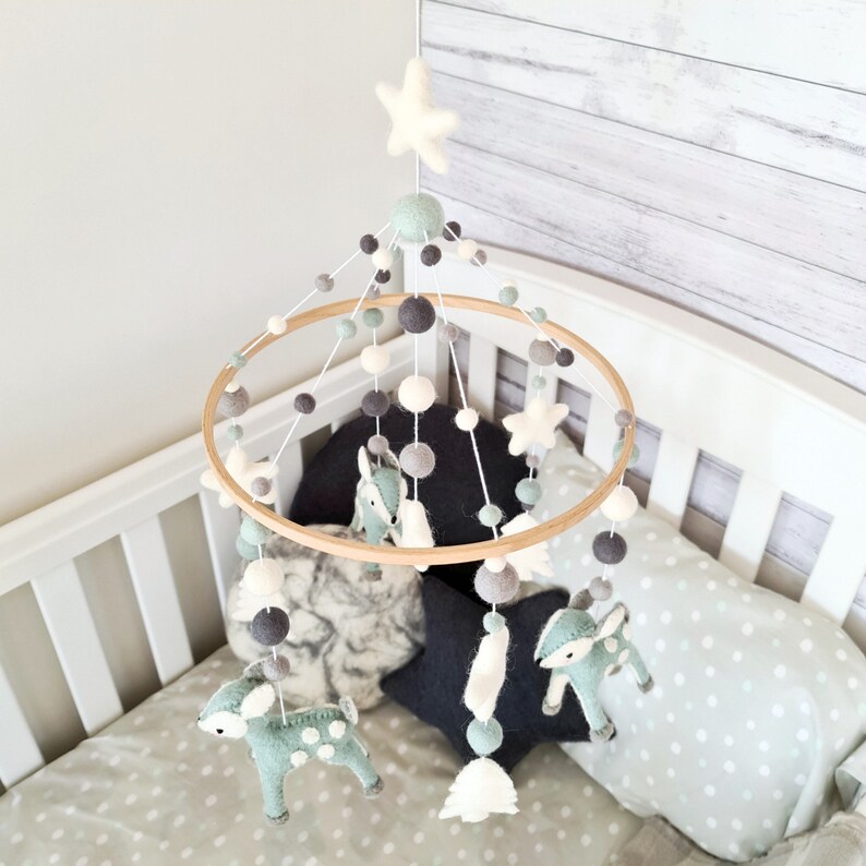 Mint Deer Forest Baby Mobile Woodland Nursery Mobile Crib Etsy