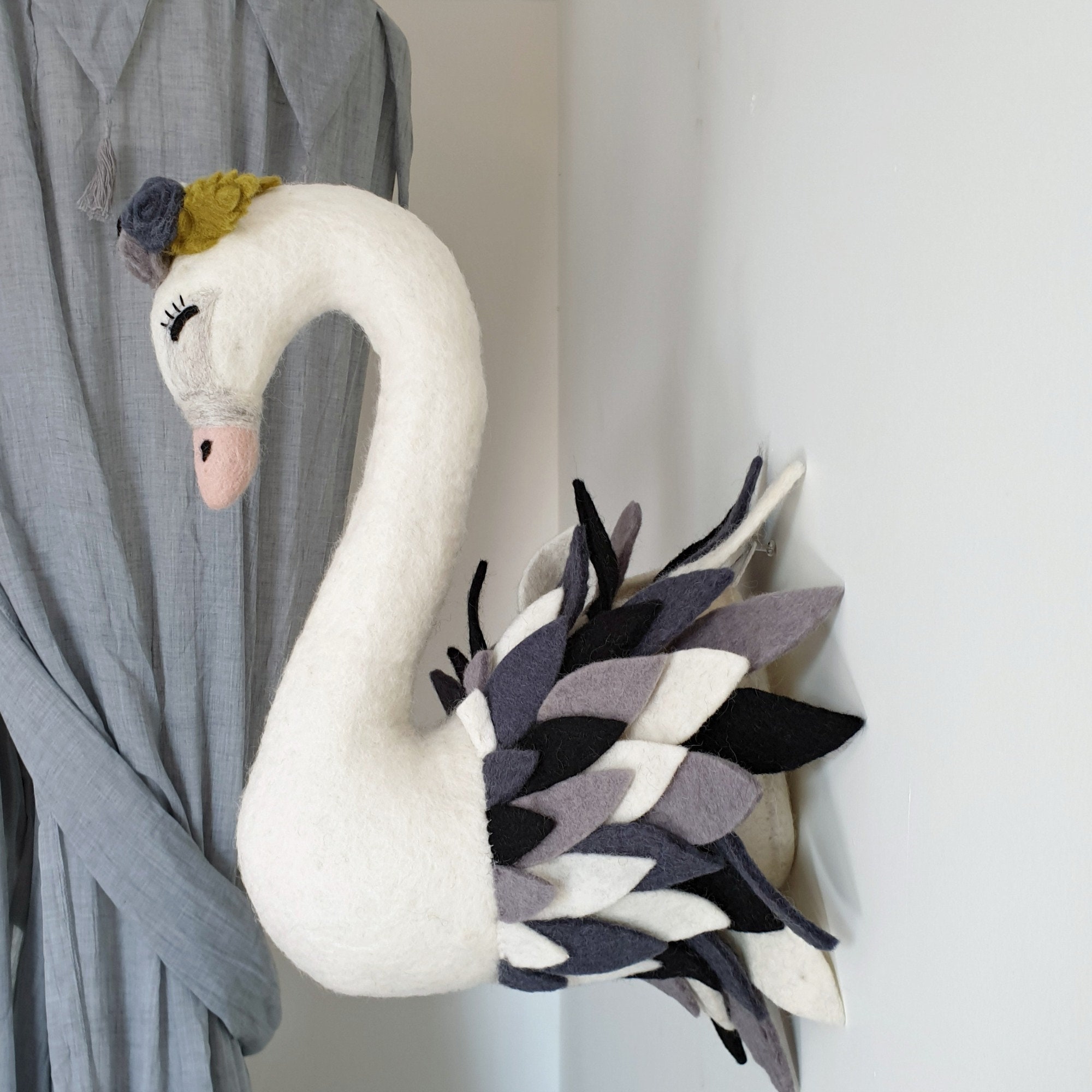Monochrome Swan Head Wall Decor Felt Animal Head Wall Decor Etsy