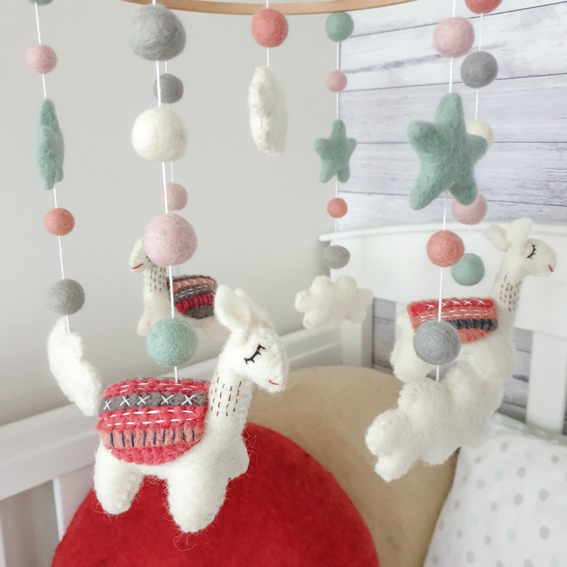 Llama Nursery Mobile, Baby Mobile Llama, Cot Mobile, Crib Mobile, Baby Girl Mobile, Felt Ball Mobile, Nursery Decor, Baby Shower Felt Mobile image 2