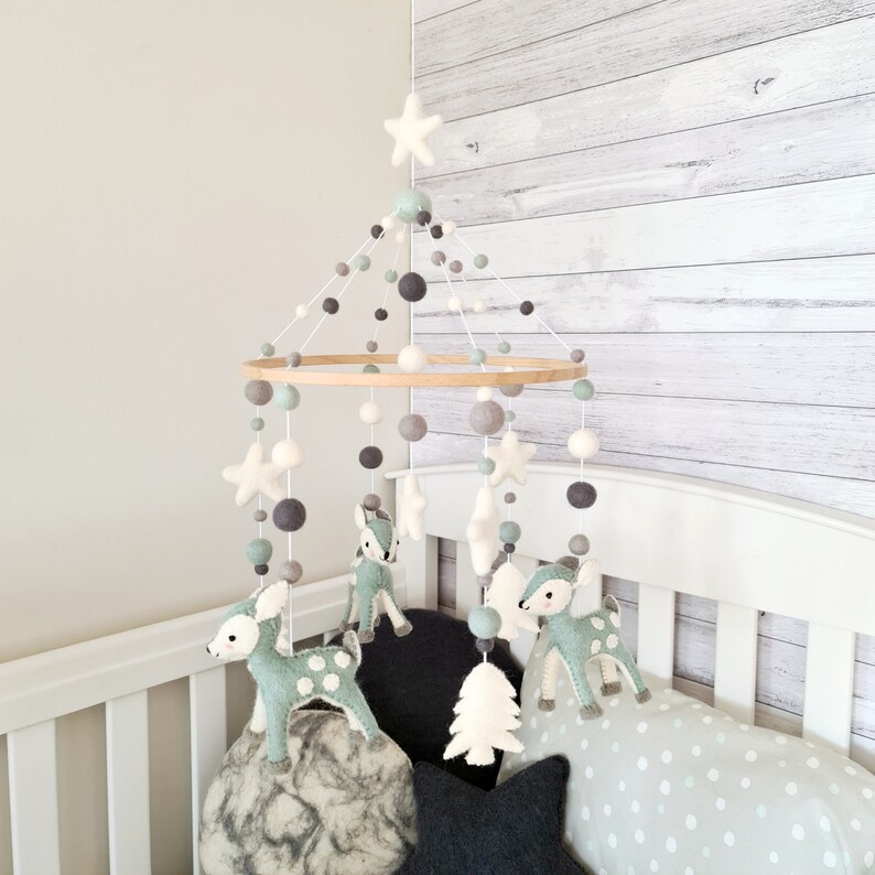Mint Deer Forest Baby Mobile Woodland Nursery Mobile Crib Etsy