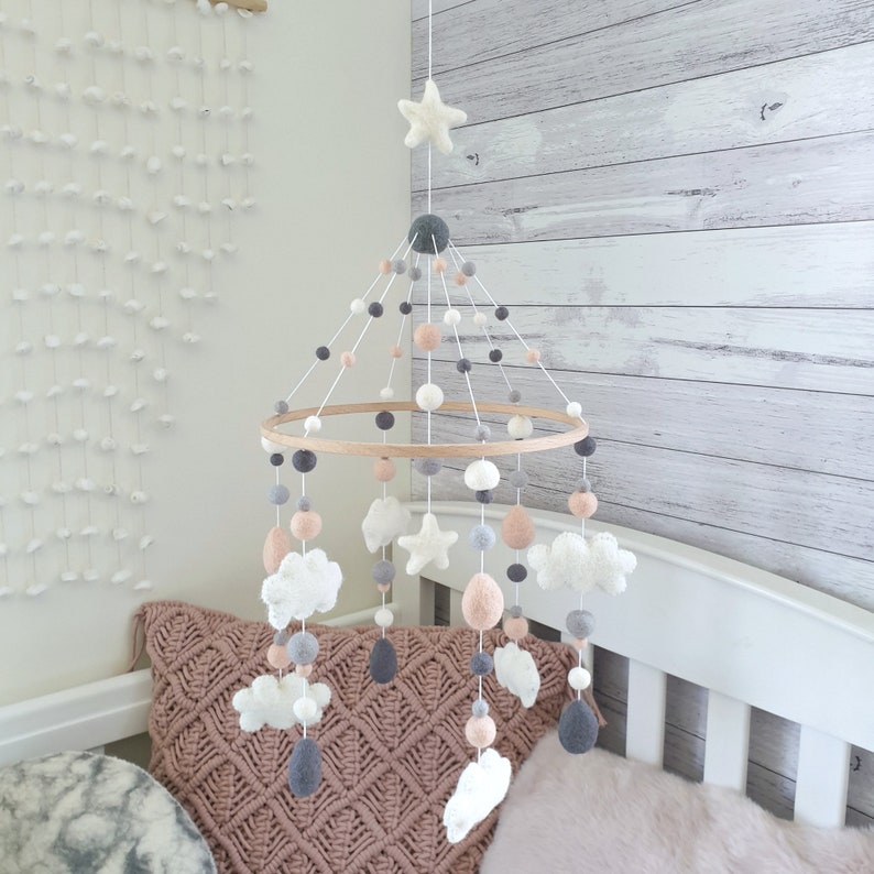 Baby Mobile Cloud Nursery Mobile Cloud Pink Grey Cot Mobile Etsy