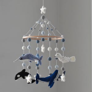 Whale Baby Mobile, Ocean Nursery Mobile, Sea Animal Cot Mobile, Crib Mobile, Narwhal Baby Mobile, Dolphin Felt Ball Mobile, Seal Baby Mobile