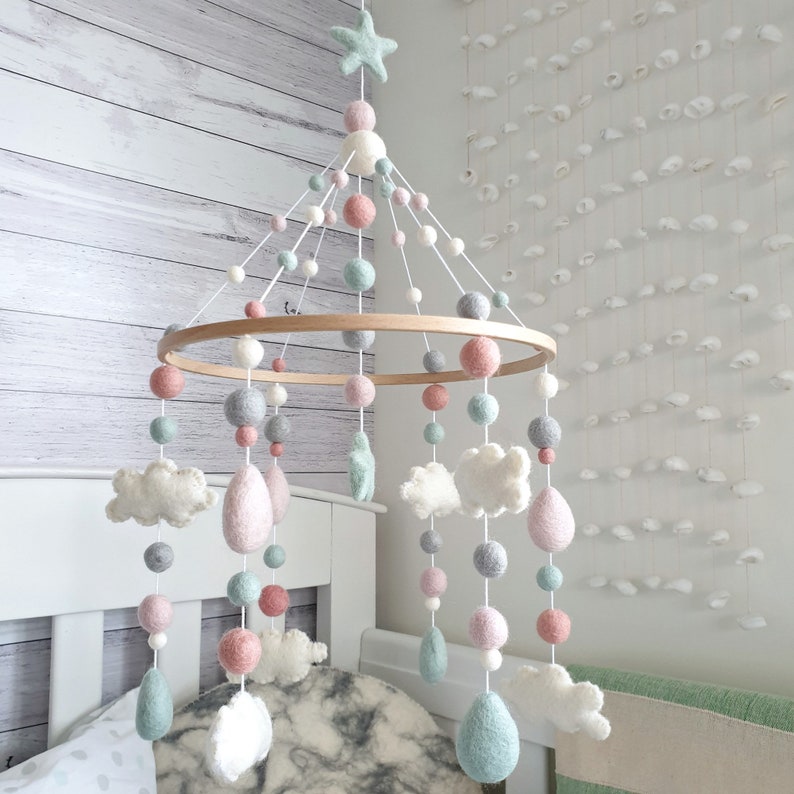 Mint & Pink Baby Mobile Cloud Nursery Mobile Cloud Cot Etsy