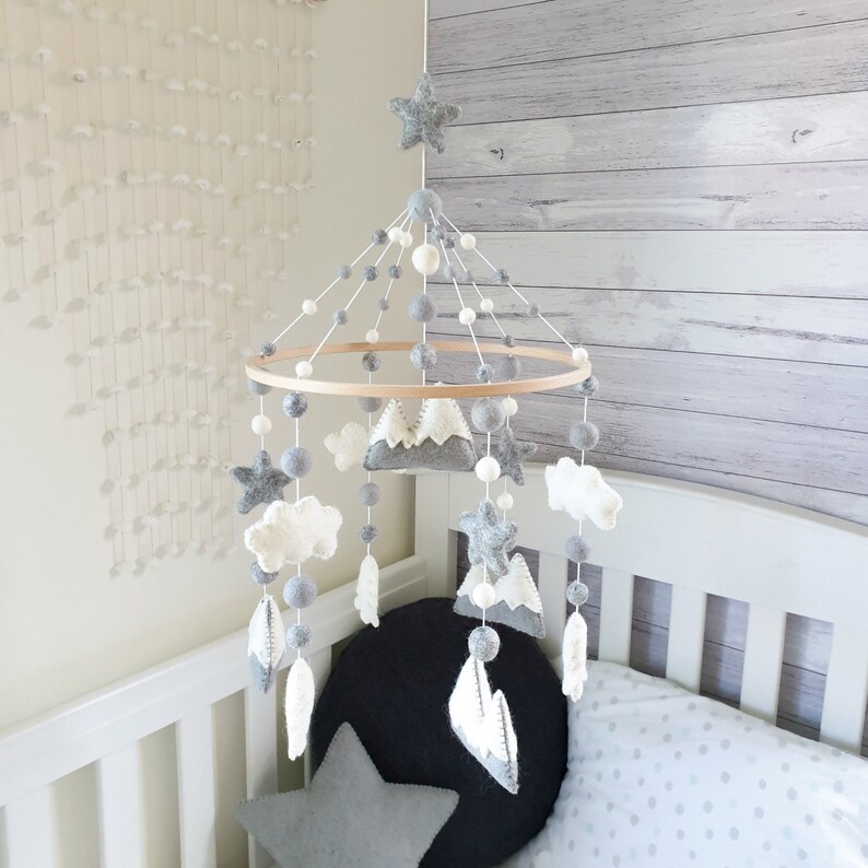 Grey and White Baby Mobile Mountains Neutral Woodland Nursery Etsy
