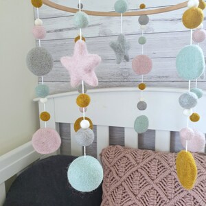 Mustard Mint Pink Baby Mobile, Baby Nursery Mobile, Cot Mobile, Crib Mobile, Felt Ball Mobile, Star Baby Mobile, Girl Mobile, Nursery Decor image 2