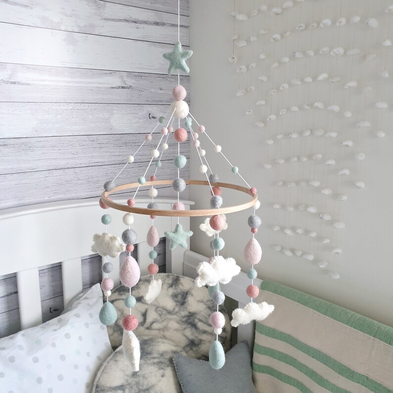 Mint & Pink Baby Mobile Cloud Nursery Mobile Cloud Cot Etsy