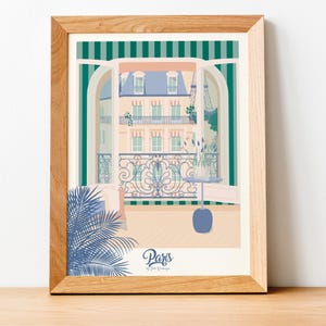 Affiche Paris La Fenêtre – Illustration déco vue balcon Tour Eiffel | 2 couleurs Summer ou Winter | Poster 30x40 ou carte postale