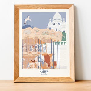 Affiche Paris Sacré-Cœur – Illustration déco Montmartre et manège | Poster 30x40 cm ou carte postale 15x21 cm | Made in France