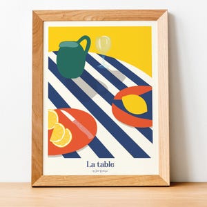 Affiche La Table d’Été – Illustration déco graphique citron & rayures | Poster 30x40 cm ou carte postale 10x15 | Made in France