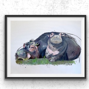 Puede incluir: Una pintura de dos hipopótamos, uno acostado sobre el otro. El hipopótamo de arriba está mirando hacia arriba con la boca ligeramente abierta. El hipopótamo de abajo está acostado de lado con los ojos cerrados. La pintura está realizada en un estilo realista con una paleta de colores suaves y apagados.