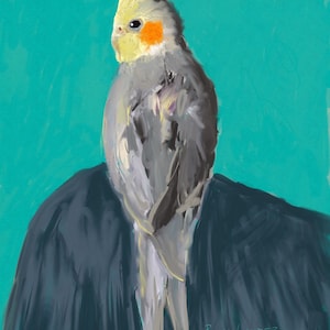 Teal Cockatiel Bird Painting by London Artist - Parrot Art
