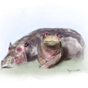 Painting  Two Hippos - Cute Wall Art - Hippo Picture by London Artist