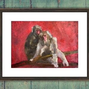 Pittura Pittura della fauna selvatica - Due scimmie 12x16 dell'artista londinese