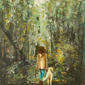 Schilderij-haar hond uitlaten in het bos - kunst aan de muur - hondenliefhebber - cadeau hondeneigenaar - prachtige foto - inspirerende kunst - inspirerend