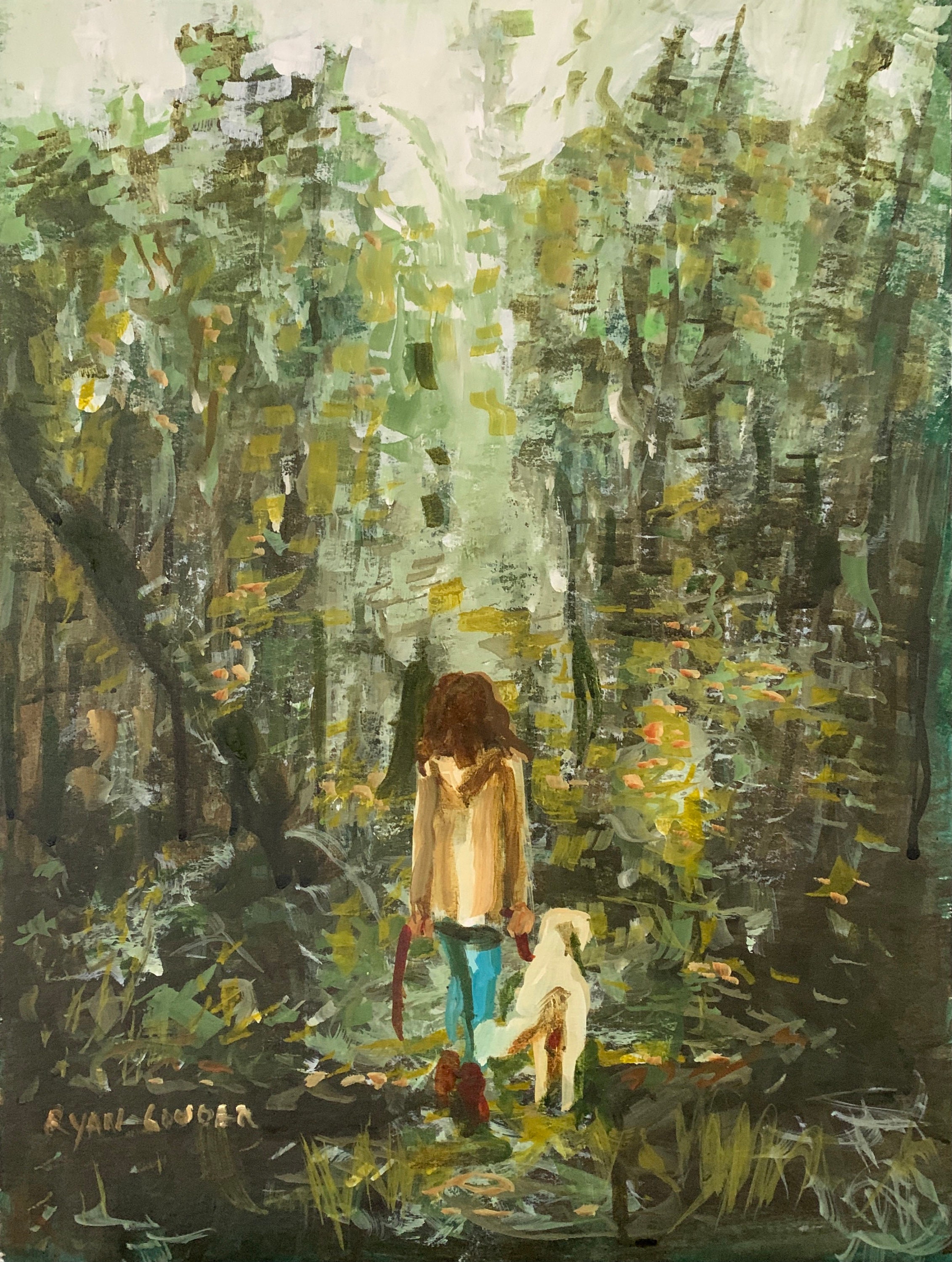 Painting Walking Her Dog in the Forest Wall Art Dog Lover Etsy UK