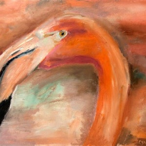 Dipinto di uccelli FLAMINGO di Ryan Louder - Studio vibrante di olio su carta di un uccello fenicottero in colori vivaci - Arte di uccelli con valore sentimentale