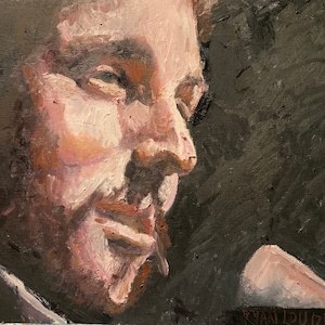 May include: A close-up oil painting of a person's face. The person has a beard and is looking to the right. The background is dark.