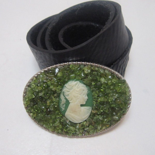 Cameo belt buckle, Peridot belt buckle, One of a kind buckle, Unique crystal belt, Gemstone belts, Leather belts, Leather snap belts