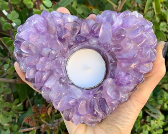 Valentine's Day Gifts, Amethyst Heart Candle Holder, Amethyst Multi Stone Heart Tea light Holder, Home Accessories, Crystal Shop, Home Decor