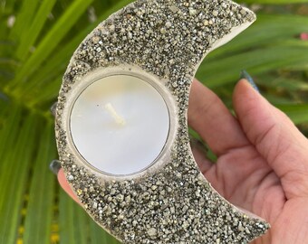 Selenite Home Decor, Selenite Moon Candle Holder, Pyrite Moon Candle,  Selenite Carvings, Moon Crystals, Crystal Candle Holder,Holiday gifts