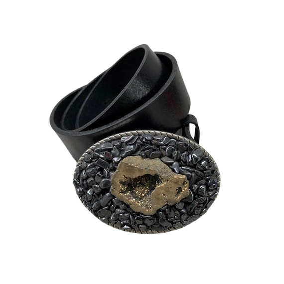 Hematite & Druzy Quartz Belt Buckle: One-of-a-kind Gemstone  display picture 1