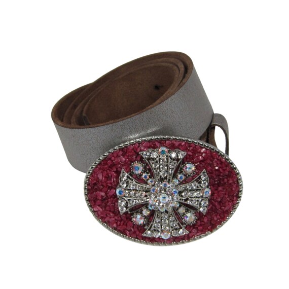 Cherry Quartz Maltese Cross Belt Buckle: Crystal Filigree 