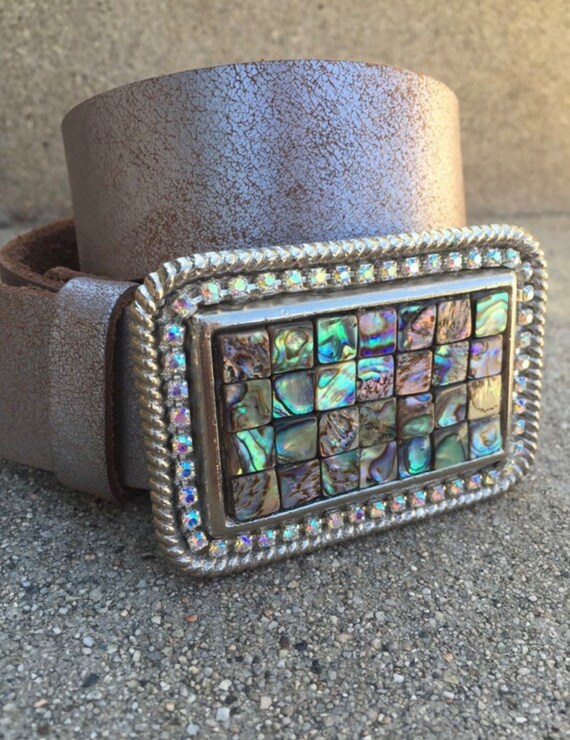 Unique Handmade Leather Rock pewter, abalone, and crystal belt buckle Abalone & Swarovski Crystal Belt Buckle: Art Deco Style  main image 2