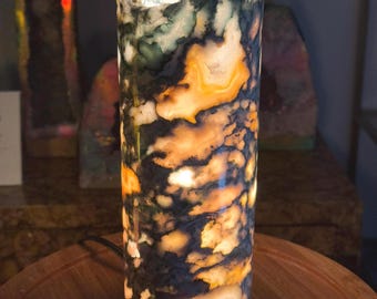 Hand-Carved Green Jasper Crystal Lamp: Natural Stone Column, Elegant Home Decor