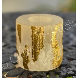 Gold Leaf Selenite Candle Holder, Luxury Candles, Gold Leaf Candles, Home Decor, Gold Decor, Gold Candles, Elegant Tablescape, Unique Candle