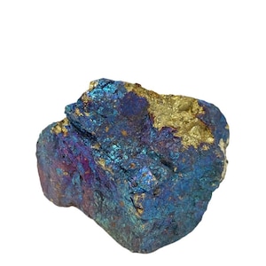 May include: A rough pyrite specimen with a metallic sheen. The mineral displays a mix of blue, purple, and gold colours. The pyrite has a crystalline structure, making it a unique decorative item.