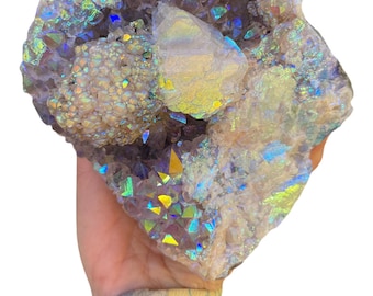 Angel Aura Amethyst Cluster: Galaxy Druzy Quartz with Calcite