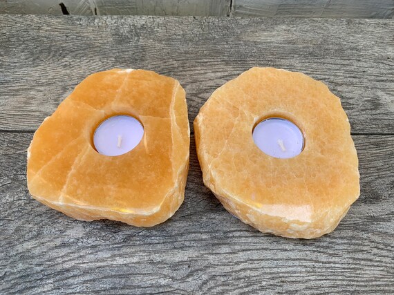ORANGE CALCITE TEA LIGHT CANDLE HOLDER NATURAL ROUGH CRYSTAL GEMSTONE MINERAL