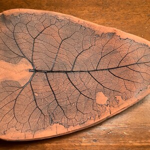 May include: A terracotta-colored ceramic tray shaped like a large leaf. The surface features a dark, detailed imprint of leaf veins and textures, creating a high-contrast pattern against the smooth, matte clay base of the tray.