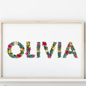 Impresión de nombre floral - Póster con nombre elegido - Hermoso diseño de letras con flores