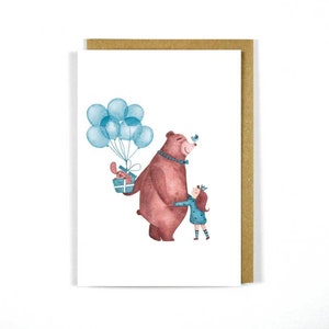 Cartão de aniversário menina urso balão - cartão de felicitações doce - cartão de aniversário - cartão menina urso