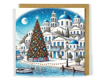 Scène de Noël grecque - Carte de voeux des îles grecques - Santorin - Mykonos - Paros - Île
