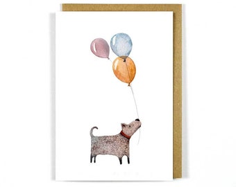 Greeting Card Dog Balloons - Birthday Card- Cute Dog Card