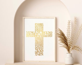 Cruz de oración española Padre Nuestro - Padre Nuestro - Oración del Señor - Impresión con lámina metálica hecha a mano
