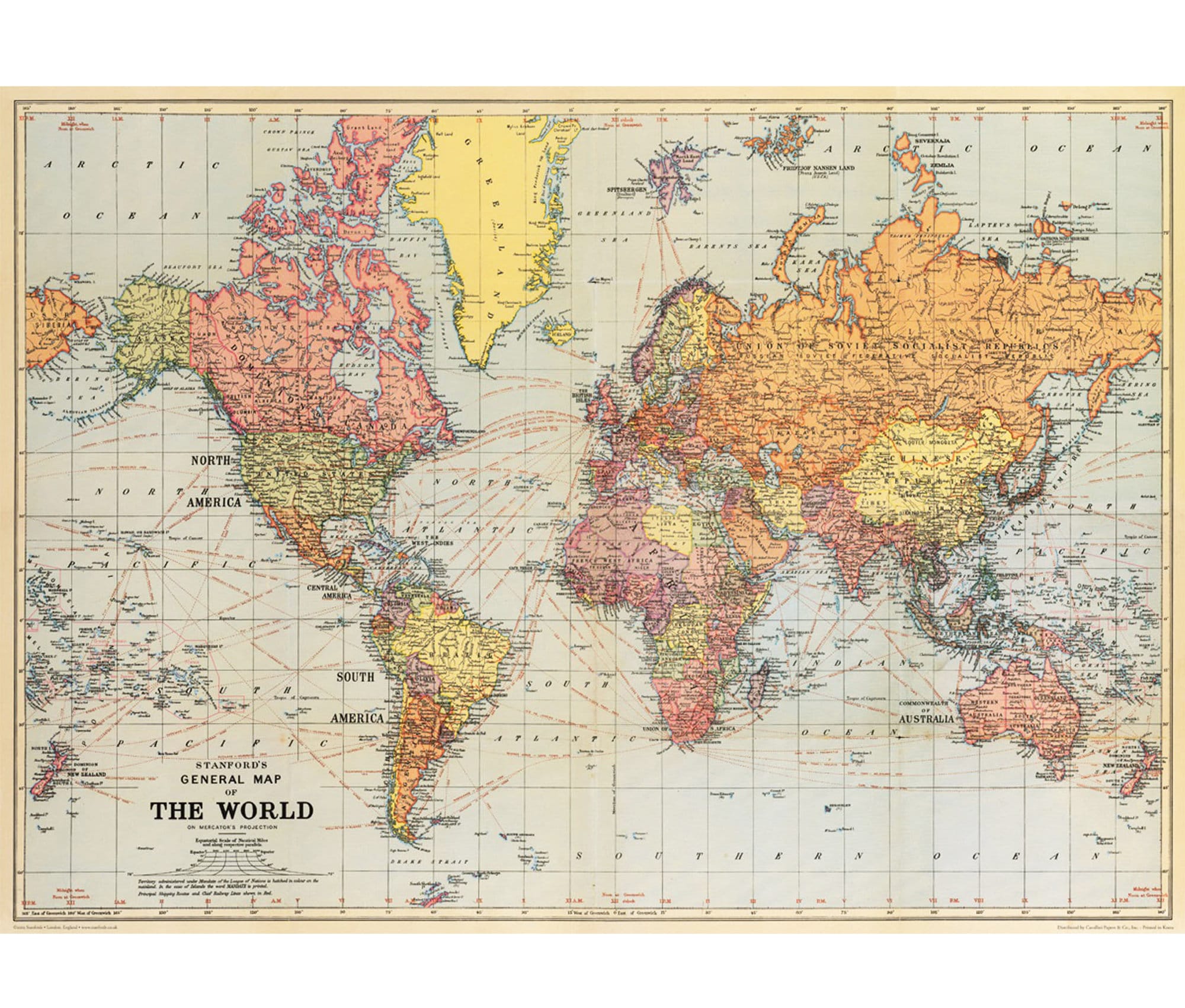 ケンブリッジ ヴィンテージ 絵地図 地図 ポスター 世界地図 Cavallini 高品質ポスター – 世界地図 6 - 50 x 70 cm