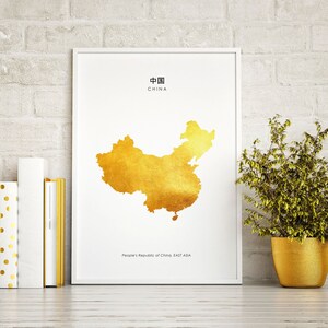 Karte von CHINA Art Hand Foiled Print A4 Gold Foil SALE