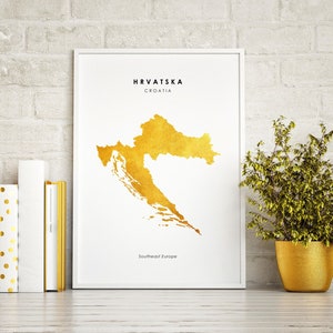 CROATIE Impression de carte A4 Art VRAI impression de feuille d'or - impression de Croatie déjouée à la main