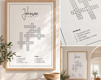 May include: A framed wall print featuring a custom crossword puzzle with the title Johnson Family. The puzzle includes names like Aaron, Pizza, Catherine, and English, with numbered clues for Across and Down categories printed in black ink on a white background.